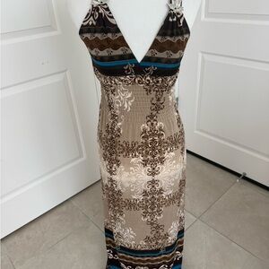 Elegant Brown and Blue Patterned Maxi Dress